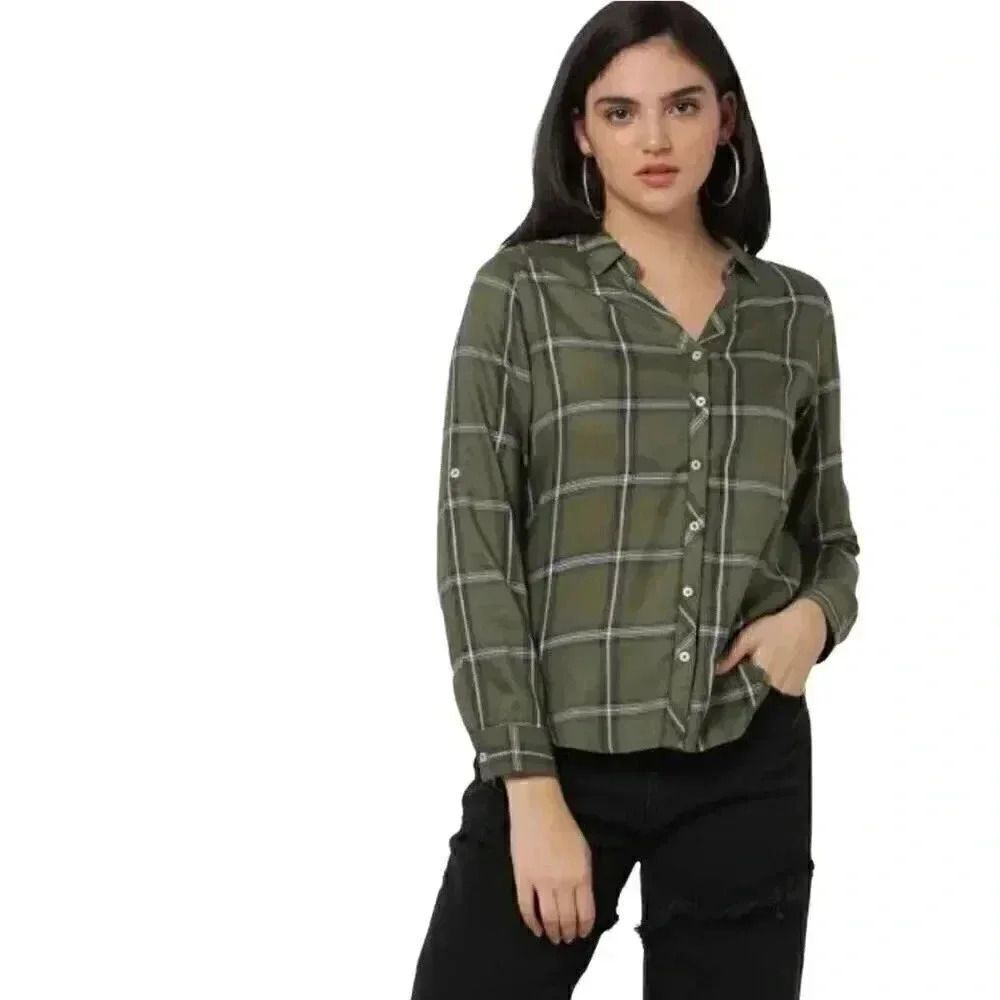 Max Studio Women's Khaki Cotton/Poly Plaid Button Down Roll Tab Sleeves Top NEW